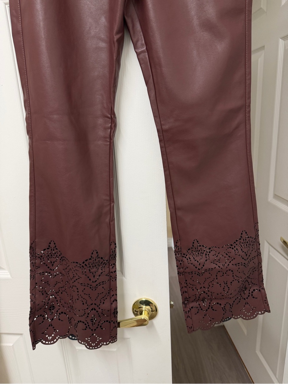 NWT By Anthropologie Faux Leather Slim Flare Pants Chocolate Size 8 - Picture 8 of 16